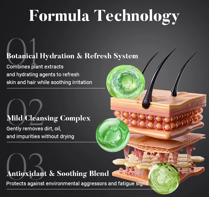 Diagram illustrating formula technology with layers of skin and hair follicles, highlighting botanical hydration, cleansing complex, and antioxidant blend.